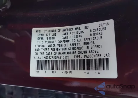 2015 Honda Accord Sport z USA, uszkodzony, nr VIN 1HGCR2F50FA213228